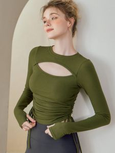 เสื้อยืดออกกำลังกายโยคะแขนยาวสำหรับผู้หญิง ทรงสลิมฟิต ดูกระชับ ใส่ได้ตลอดทั้งปี ดูดซับเหงื่อ ระบายอากาศได้ดี ผ้าฝ้ายและยางยืด