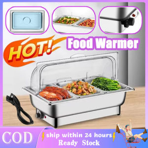 304 Stainless Steel Electric Chaffing Dish Food Warmer 3 Grids Food Warmer 9L With Visual Flip Cover Serving Dish Food Warmer Portable Heater Electric Thermostatic Box Adjustable Temperature