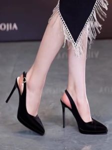 รองเท้าส้นสูงพิเศษสำหรับผู้หญิง ทรงหัวแหลม ด้านหลังเปิด ทรงหัวมน รองเท้าแตะ PU ส้นสูงพิเศษ รองเท้าแฟชั่นฤดูใบไม้ผลิและฤดูร้อน