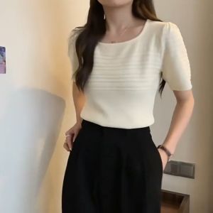 CORE🌟 Summer Square Neck Short Sleeved Knitted Top Women Bubble Sleeve Slim Fit T-shirt