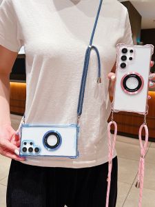 Transparent Magnetic S24Ultra Phone Case with Diagonal Strap Original Protection for Samsung S22 A52 A34 A13 A14 Gradient Color Anti-Fall