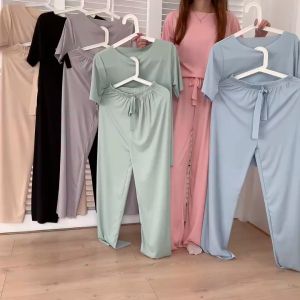 STB9912 ชุดเซ็ทเสื้อแขนสั้น คอกลม และกางเกงขายาวกว้าง 2ชิ้น แฟชั่นสําหรับผู้หญิง free size มี6สี