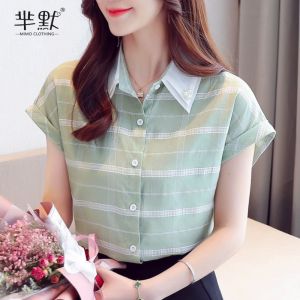 Fashionable Plaid Chiffon Shirt Womens Short Sleeve Summer New Korean Version Polo Neck Top Lace Polka Dot Embellished