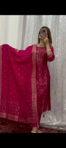 Classy Banarasi Suit with Beautiful Golden Zari Print Work and Hand Work Embroidery Neck (Pre-Order: 2/3 Weeks Delivery) HR080725