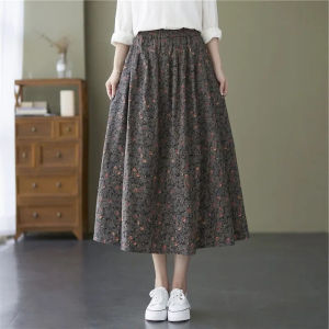 Elegant Vintage Flower Print Midwaist A-Line Skirt with Tassel High Waist Cotton Material for Women Up to 29 Years