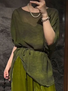 UYFY | Green Round Neck Mid Sleeve Casual Shirt Womens Commute Fashionable Ageless Top For Summer 2025 Korean Style Loose Fit