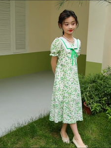 Orange Green Big Kid Children Summer Floral Elegant Floral Child Girls Casual Dress For Student Teenager 5 6 7 8 9 10 11 12 13 14 15 Year Old Party Princess Dresses