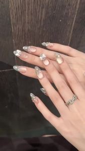 Bộ 10 Móng Tay Giả Thủ Công Đính Nơ Mắt Mèo Kiểu Pháp Trang Trí Kim Tuyến Đá Pha Lê Màu Hồng Hình Hạnh Nhân Kèm Phụ Kiện