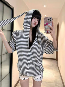 Korean Style Striped Rabbit Ear Hoodie Womens Spring Autumn Loose Versatile Zipper Cardigan Outerwear Trendy Sweatshirt
