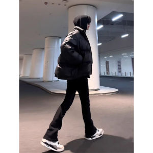 American Vibe Mens Slim Fit Straight Leg Jeans High Street Trend Black Denim Elastic Waist Youthful Style mid Waist Long Pants
