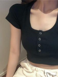 Summer 2024 Slim Fit Short Sleeve round Neck High Waist T-Shirt Womens Top Trendy Belly Button Exposure INS Style Commute Pure Color