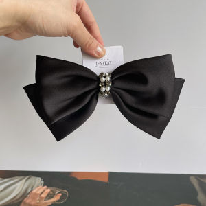 Elegant Black Silk Satin Hair Accessory with Large Bow Design Diamond Clips for Women Fashionable Korean Style Hair Accessories