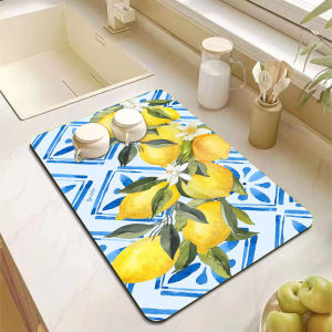 Lemon Print Dish Drying Mats for Kitchen Counter Microfiber Absorbent Dish Mat Reversible Drying Mats for Countertop