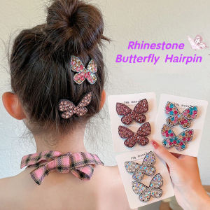 2Pcs Korean Style Butterfly Hair Clips Advanced Rhinestone Bang Snap BB Clip Barrettes Fashion Shiny Butterfly Hairclips For Women Girls