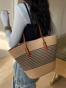 Large Capacity Straw Woven Bag Womens Spring Summer Stripe Vacation Beach Handbag Tote Bag Korean Style Casual Bucket Shape