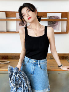 Black Knitted Square Collar Mini Vest Womens Inner Wear White Strap Summer Outerwear Large Size Knit Top Fashionable Commute Pure Color