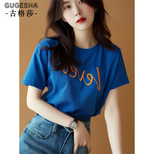 Retro American Letter Print Short Sleeve T-Shirt Womens Klein Blue Simple Summer New Style Casual Slim Fit round Neck Top