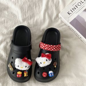 Adorable HelloKitty Hole Shoe Womens Summer 2025 New Thick Bottom Anti-slip Open-Toe Beach Sandals Comfortable Casual EVA Slippers