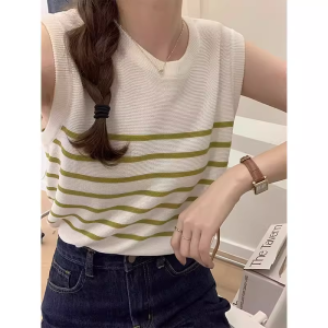 Summer Stripe Ice Silk Knitted Loose Sleeveless Top Womens Outerwear Thin Breathable round Neck Casual Commute Style Vest