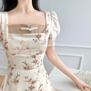 Elegant Floral Print Mini Dress Summer 2024 New Style Tea Break French Waist Cinching Square Collar Long Skirt City Commute