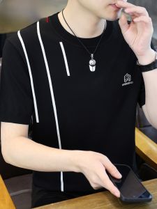 HENGYUANXIANG | Cooling Ice Sensation Breathable Round Neck Striped Knitted Short Sleeve T-Shirt Mens Summer Fashion Urban Style Polyester V-Neck Top