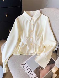 เสื้อเชิ้ตแขนยาวสีเหลืองสำหรับผู้หญิง สไตล์เกาหลี ดีไซน์ฤดูใบไม้ผลิและฤดูใบไม้ร่วง เสื้อสั้นเข้ารูปเอวเข้ารูป สวมใส่สบาย