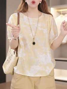 Shalldoer | Fashionable Spliced Hollow Out Short Sleeve Womens Shirt Vintage Floral Print Design Casual Style Slim Fit Round Neck Top