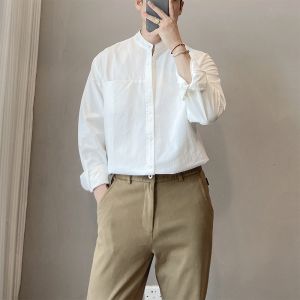 Fall 2024 Chinese Style Stand Collar Mens Long Sleeve Loose Pure Cotton Shirt Business Casual White Shirt for Youth Daily Wear