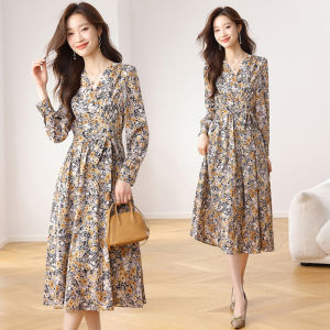 Impression Fashion Store Women's Elegant Chiffon Flower Print V-neck Fitted Waist Pleated Swing Midi Dress