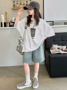 Girls Summer Short Sleeve T-Shirt Set Korean Style Cute Little Girl Jeans Mid-Length Pants Two-Piece Cotton Suit for Teens