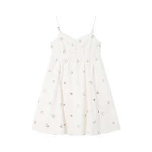 White Shell Embroidery Lace Edge Summer Waist-Cinching Dress