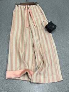 Trendy Linen Wide Leg Pants Womens Summer Casual Cotton Linen Thin High Waist Pants Striped Loose Fit Trousers for Ladies