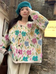 Fancy Super Nice Lazy Sweater Female 2024 Fall and Winter New Arrival Sweet Tridimensional Flower Loose Knitted Coat
