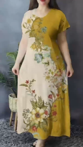 Womens Round Neck Floral Print Dress Casual And Stylish A-Line Vacation Maxi Dress L2357