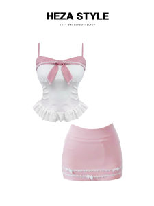 HEZA Sweet Plump Girl Anti-Aging Halter Top Womens Summer Slim Butterfly Knot Pink Wrap around Skirt Set Womens Fashion