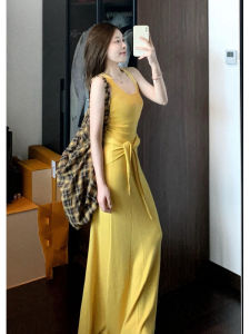 YUEZHONGWEI | Yellow Ice Silk Knitted Strap Dress Women Summer Beach Vacation Slim Fit Wrap Around Long Sleeveless Dress U Neckline A Line Skirt