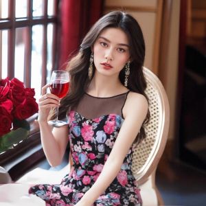 ชุดเดรสยาวแขนกุดผ้าชีฟองพิมพ์ลายดอกไม้สไตล์ใหม่ กระโปรงทรงเอ ฤดูใบไม้ผลิ ฤดูร้อน ฤดูใบไม้ร่วง กระโปรงทรงเอ