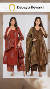 DEBAYU Readiprint Cotton A Line Kurti with Bottom and Dupatta Set with Embroidered Neckline Size M to 3XL Malaysia