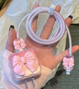 CoAce 3D Cute Bow-knot Silicone Clear Charger Protector Cover Compatible for IPhone 12/13/14 18W&20W Charger Charging Cable Protector Case Charging Adapter Cable Organizer Bites Wrap Anti-Bite Line Cord Cover
