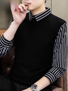 HENGYUANXIANG | Hengyuanxiang Mens Knitted Shirt Casual Thin Long Sleeve Shirt Collar Stripe Pattern Fashionable Urban Style Autumn Spring Leisure Sweater