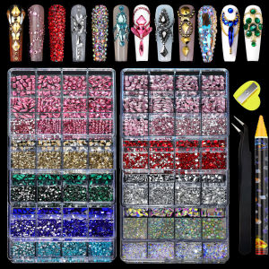 12Grids 3D Nail Art Rhinstones Mixed Heart/Round/Drop Flat Bottom Glass Diamond Nails Charms Decoration DIY Manicure Accessories