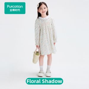 Purcotton | Cotton Gauze Long Sleeve Floral Forest-Style Childrens Dress