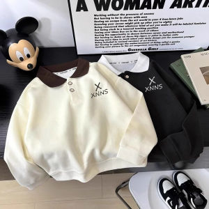 Color Block Letter Print Polo Neck Sweatshirt Casual Cool Stylish Base Shirt for Boys And Girls Spring Autumn Versatile Polyester Fiber
