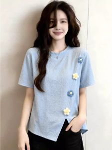 Asymmetric Slit and 3D Flower T-shirt Large