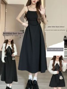 Spring New Black Knitted A-Line Dress Womens Sleeveless High Waist Gored Design Casual Commute Style Korean Fashion