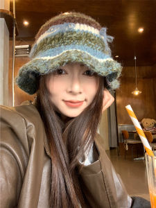 Vintage Bow Knitted Fisherman Hat Childrens Autumn and Winter Easiest for Match Sense of Atmosphere Sweet Knitted Face Smaller Woolen Cap