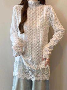 เสื้อเชิ้ตคอปกสูงปานกลางลายปักสไตล์ฝรั่งเศส สำหรับผู้หญิง ฤดูใบไม้ร่วง 2025 ใหม่ ไซส์ใหญ่ เสื้อเชิ้ตปิดหน้าท้อง ผ้าฝ้ายผสม