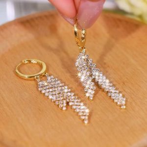 Exaggerated Shiny Full Diamond Geometric Rhombus Tassel Earrings Design Sensation Elegant Versatile Ear Cuff Slimming Face Drop Earrings