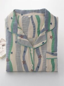 Dopamine Boosting Blue Striped Cotton Pajamas Womens Spring Summer Thin Long Sleeve Long Pants Comfortable Breathable Sleepwear