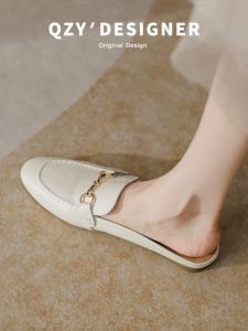 French Style Half Slippers Womens Genuine Leather Summer Outdoor Wear round Head Flat Bottom Sandals Lazy Mules Shoes